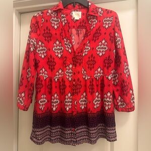 Anthropologie Maeve Red Bohemian Polo Blouse with 3/4 Sleeves